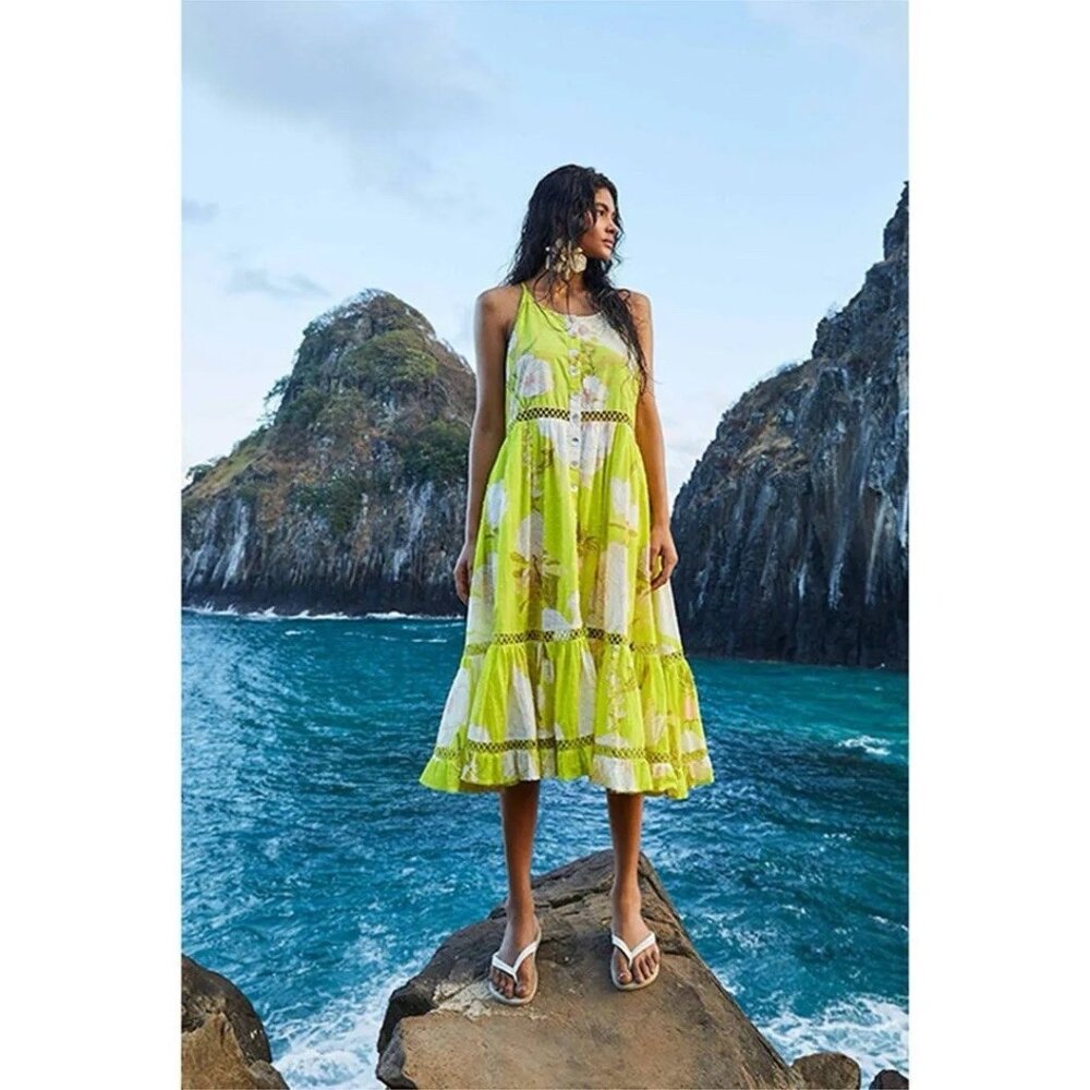 Farm Rio NWT Neon Garden Cotton Midi Dress Floral Summer Yellow Sz XS $235